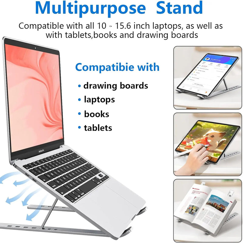 Foldable Aluminum Laptop Stand, 7-Level Adjustable Height, Anti-Slip Silicone Pads, Portable for 10-15.6 Inch Laptops & Tablets