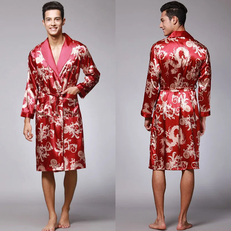Traditional Japanese KIMONO Fashion YUKATA Oriental Gold Dragons Pattern Bathrobe Summer Men Ice Silk Robes Pajamas  Sleepwear