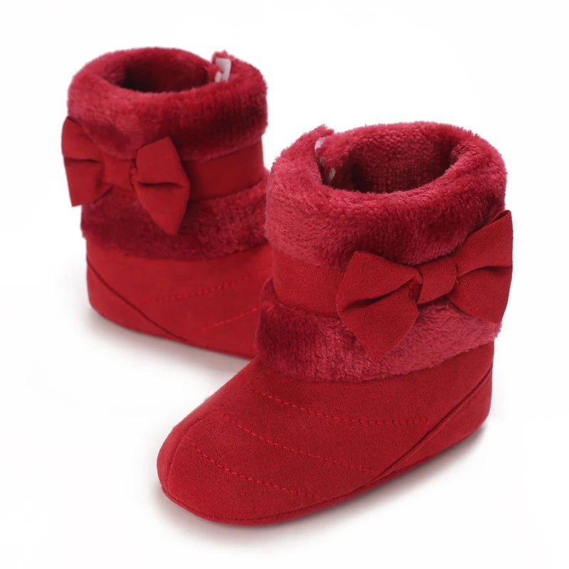 Winter Rubber Sole Baby Girls Boots Cute Bow Warm Plush Pom Snow Shoes Warm Baby Walking Shoes for Toddler Infant First Walkers