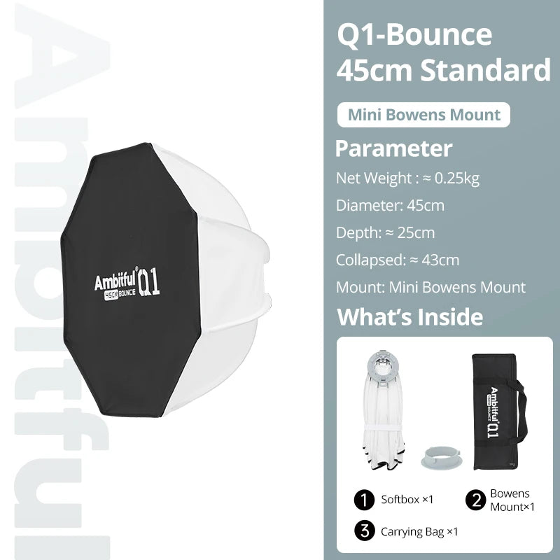 AMBITFUL Q1 Mini Bowens / GODOX Mount 30cm 45cm Octa Softbox 20*55cm Strip Softbox 30cm Softball 45cm Bounce Softbox For GODOX