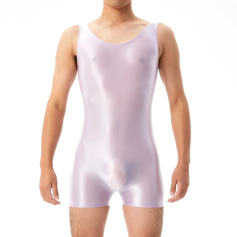 Mens Undershirts Leotard Sleeveless Glossy Elastic Seamless Bodysuits Wrestling Singlet Bodywear Lingerie Sheer Gay Jumpsuits