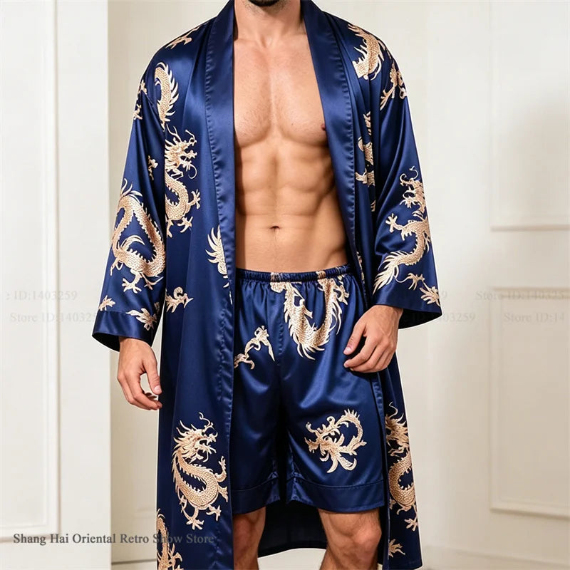 Men's Ice Silk Sleepwear Kimono Bathrobe Gown Long Robe Pajamas Two Piece Set Print Tiger Loose Casual Homewear Lounge Wear
