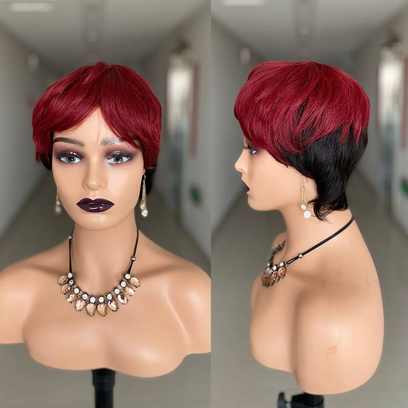 Straight Short Pixie Cut Wigs With Bangs For Women Ombre Brown Red Brazilian Human Hair Wigs Full Machine Made Wigs