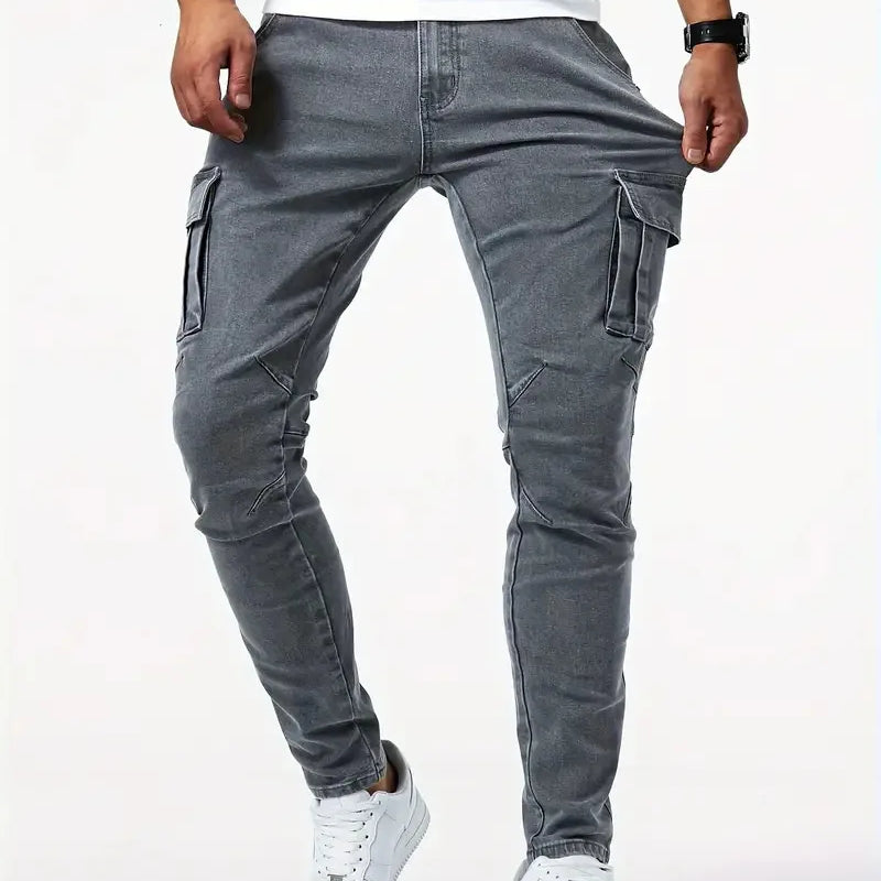 Street Elastic Jeans Men Denim Cargo Pants Wash Solid | SAMAG