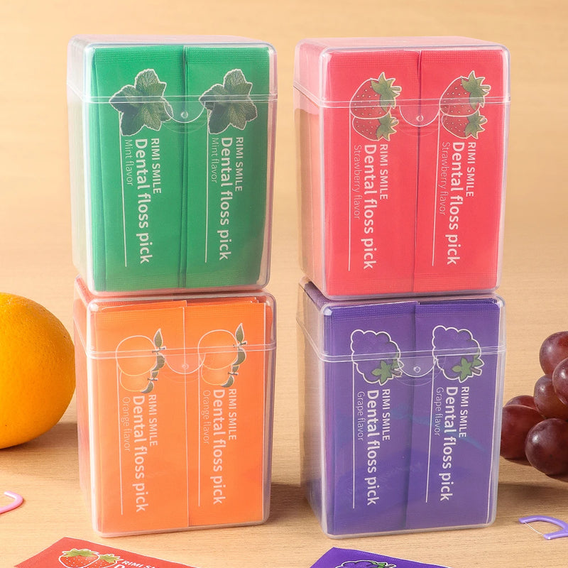 4 Fruit Flavors Individually Wrapped Dental Floss Picks, Mint Strawberry Orange Grape Disposable Floss Sticks, Smooth Flexible