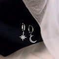 VENTFILLE 925 Sterling Silver CZ Star Moon Asymmetric Hoop Earrings for Women Girls Gold Silver Color Party Jewelry Gifts