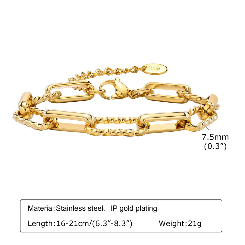 Women Stainless Steel Chain Bracelet, 18K Gold Plated Twist Paperclip Adjustable Link Chunky Stackable - Visuel 9 | SAMAG