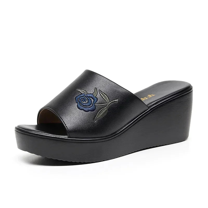 6cm Small Size 32-43 Comfortable Floral Embroider Wedges Slippers 2026 Women's Med Heels Platform Slides for Office Beach Mom