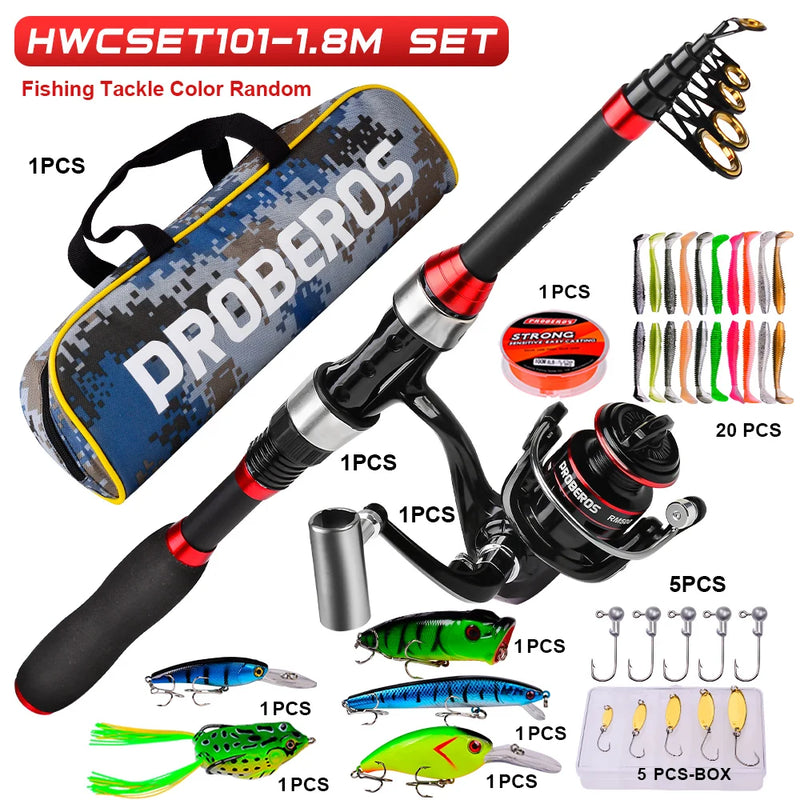 Proberos Fishing Pole Set Full Kits With Telescopic Fishing Rod And Spinning Reel Baits Hooks Travel Pole Set