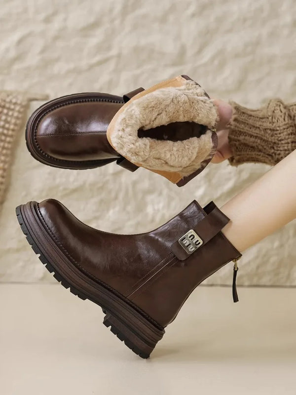 Autumn Winter New Women's Ankle Boots High Quality Wool Warm Platform Leather Boots British Chelsea High Heels Ladies Snow Boot