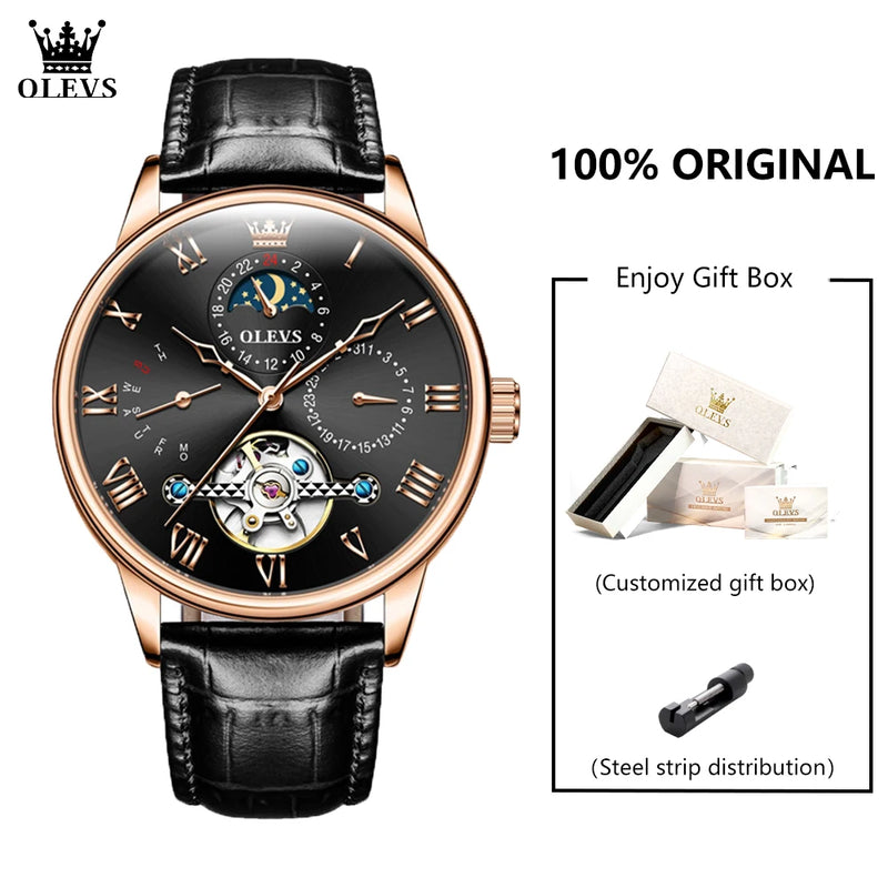 OLEVS 7009 Business Skeletonizing Mechanical Watch Gift Round-dial Genuine Watchband Wristwatch Week Display Calendar Men Watch