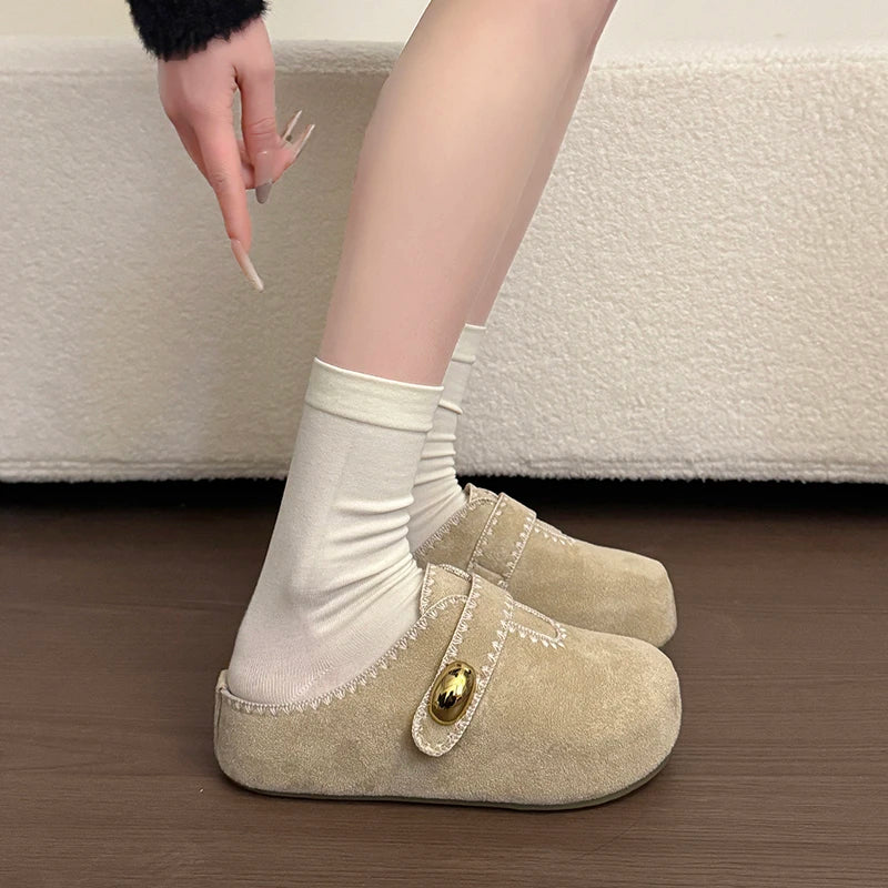 Women's Ladies Suede Flat Clogs Mules Slides with Contrast Stitching Closed Toe Slip On Comfotrable Casual Daily Slippers Shoes