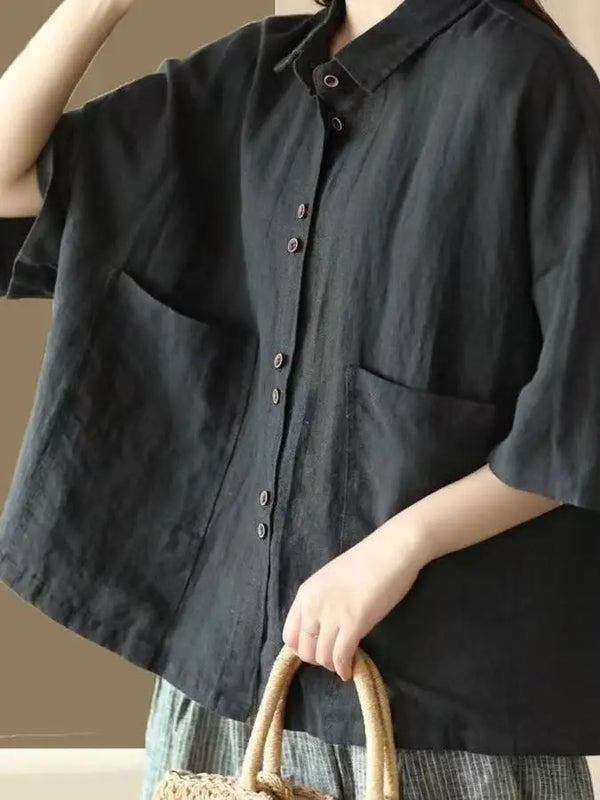 Retro Cotton Linen ort Sve Women's irt Summer New Loose Casual  Collar Top Faion Korean Sle Thin Material