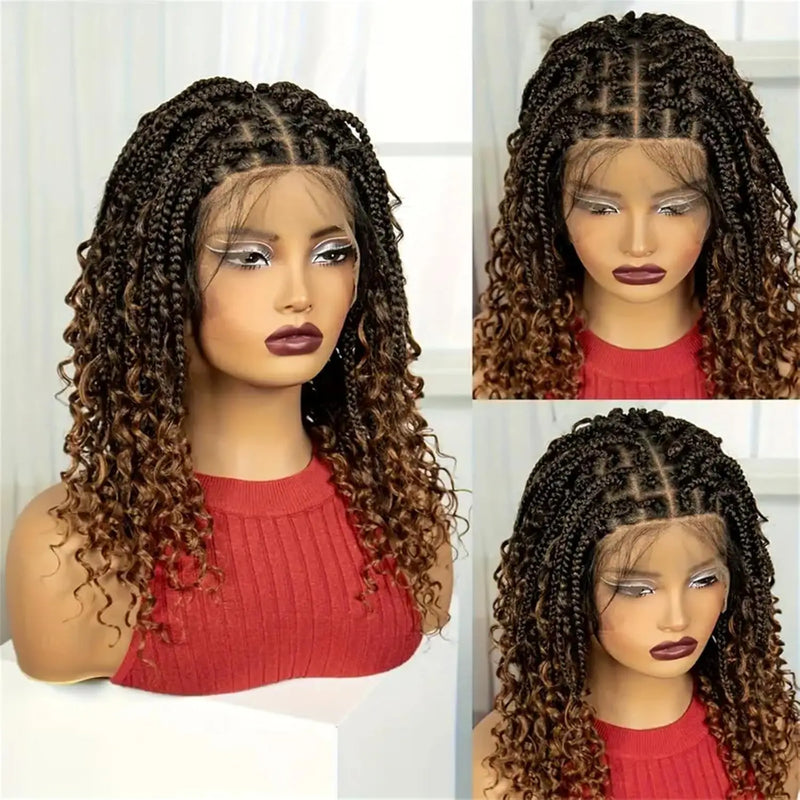 14/16/18" Short Knotless Box Braided Wig with Curly Ends Synthetic Full Lace Boho Braided Hair Wigs for Black Women Fluffy Wig