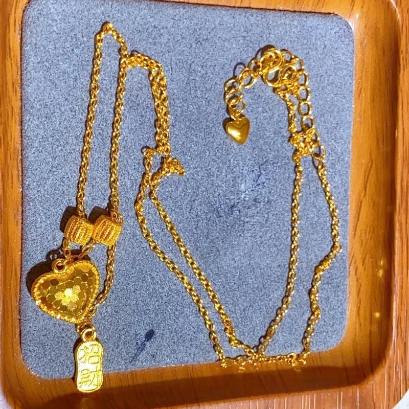 Fine 18 K Gold Color Heart Shape Pendant Necklace for Women Wedding Birthday Not Fade Jewelry Chain Gifts