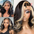 WIF Blonde Highlight Black Bob Wig Body Wave Short Bob Heat Resistant Synthetic Lace Front Wig Women Cosplay Use Daily Bob Hair