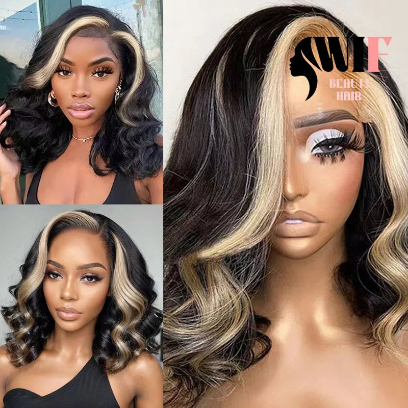 WIF Blonde Highlight Black Bob Wig Body Wave Short Bob Heat Resistant Synthetic Lace Front Wig Women Cosplay Use Daily Bob Hair