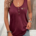 Vintage Leopard Triple Hearts Women Henley Sleeveless Tank Top U Neck Button Curved Hem Black Casual Daily Vest