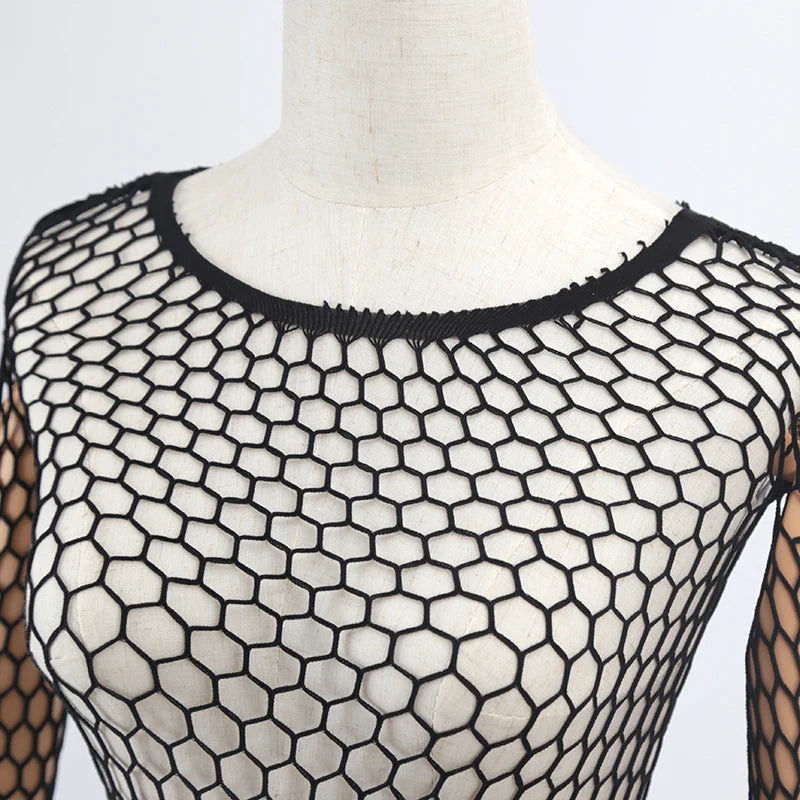 Sexy Hollow Out Mesh T-Shirt Female Skinny Crop Top Fashion Summer Basic Tops for Women Fishnet Shirt