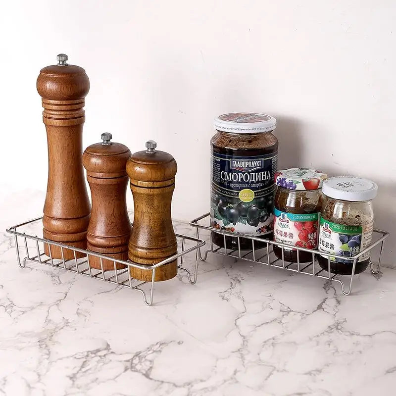 #Stainless Steel Spice Rack Rustproof Coated Open Wire Design Adhesive Mount for Rental Apartment Kitchen Storage