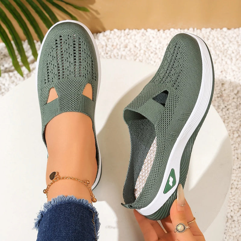 Women's Backless Walking Mules Non-Slip Breathable Knit Slippers for Elderly Ladies Indoor Outdoor Casual Shoes