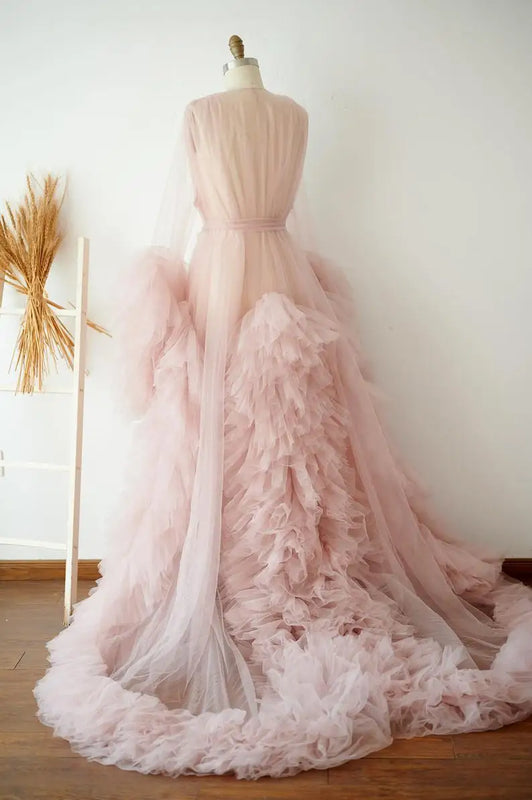 Women's Dressing Gown Perspective Sheer Long Tulle Robe Puffy Pregnancy Maternity Dress for Baby Shower Nightgown Sleepwear