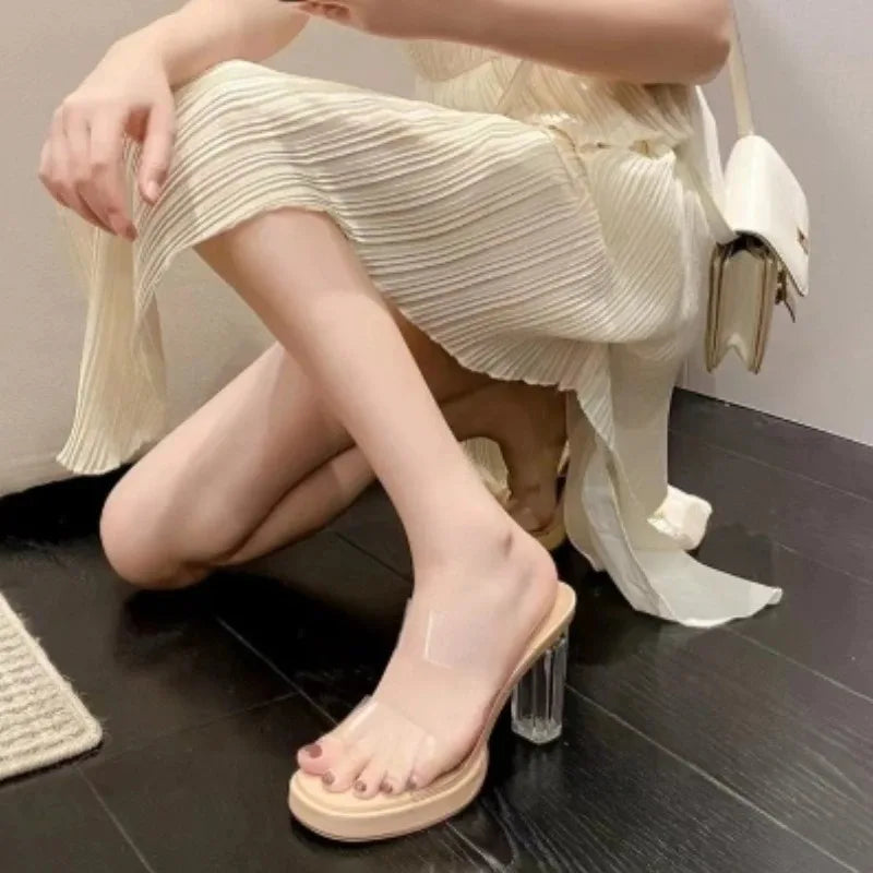 Women's Transparent High Heels 2026 Summer Fashion Thick-Heeled Sandals Comfortable Casual Open-Toe Fish Mouth Sexy Slippers