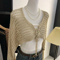 Crochet Crop Tie Front Cardigan Women Long Sleeve Sheer OpenKnit Bolero Shrug Top Summer Beach Bikini Cover Up Y2K Outfit