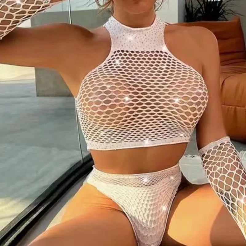 Plus Size Hot Sexy Exotic Style Fishnet Flash Diamond Erotic Sleepwear Corset Dress Curved Bodysuit Perspective Women's Lingerie
