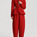 Laru 2026 New Women Two Piece Set V Neck Peplum Blazer with Barrel Leg Pants Gold Button Slim Fit Elegant Business Office Outfit