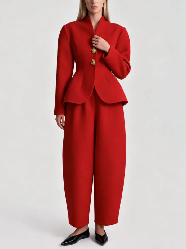 Laru 2026 New Women Two Piece Set V Neck Peplum Blazer with Barrel Leg Pants Gold Button Slim Fit Elegant Business Office Outfit