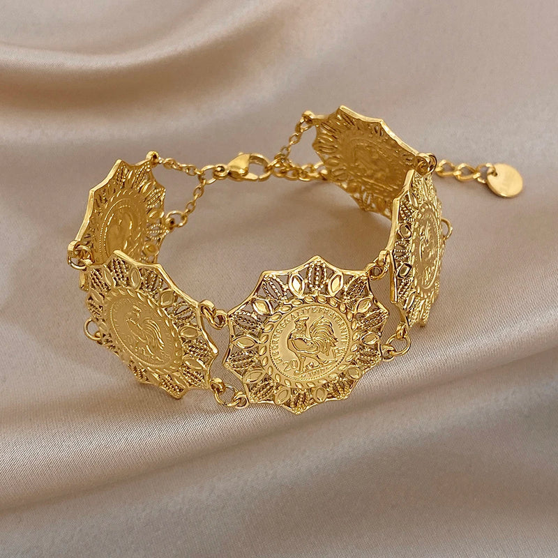 Vintage Gold Plated Stainless Steel Coins Wrist Bracelet for Women Men Classic Ethnic Cuff Bracelets Waterproof Jewelry