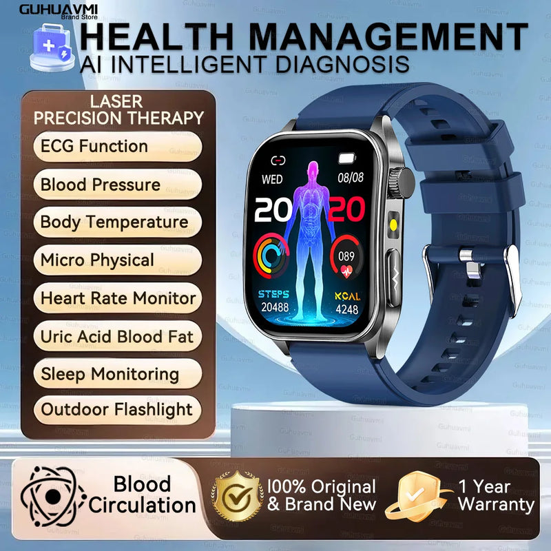Health managed Non-Invasive Laser Physiotherapy Smart Watch Blood Pressure Uric Acid Call ECG+PPG 650nm Laser Smart Watch 2026