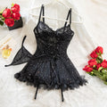 Women Sexy Lace Babydoll with Open Back Polka Dot Ruffle Hem G String Lingerie Set Cute Nightwear Erotic Costume For Couple