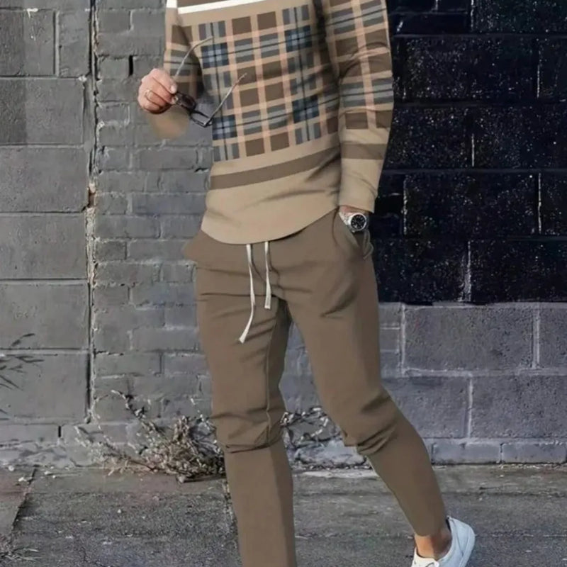 Fashionable summer men's striped patchwork print breathable round neck long sleeved pants set outdoor casual - View 6 | SAMAG