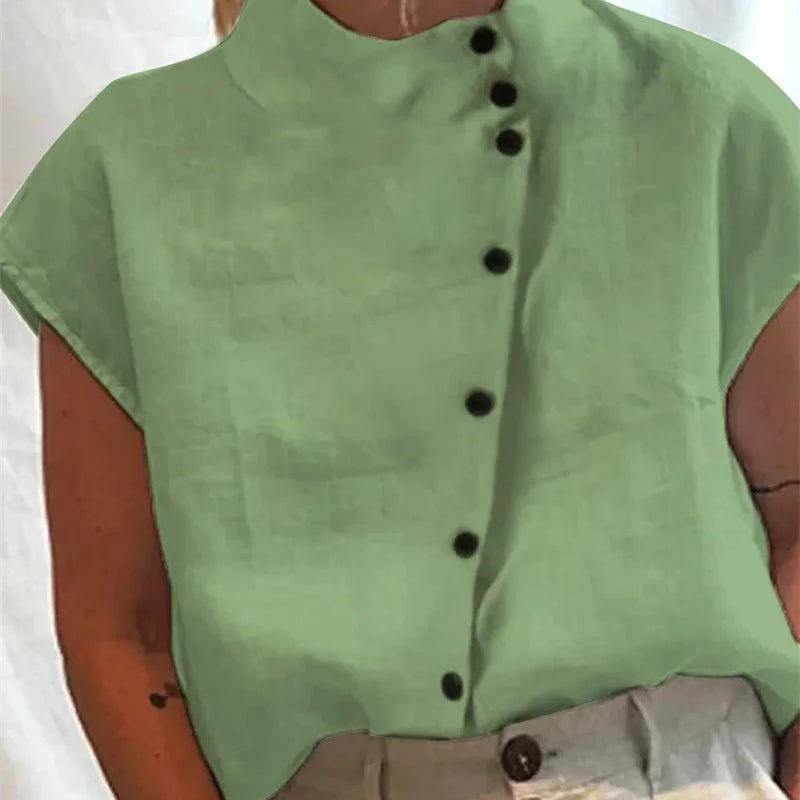 Elegant Cotton Linen Stand Neck Shirt Female Summer - View 6 | SAMAG