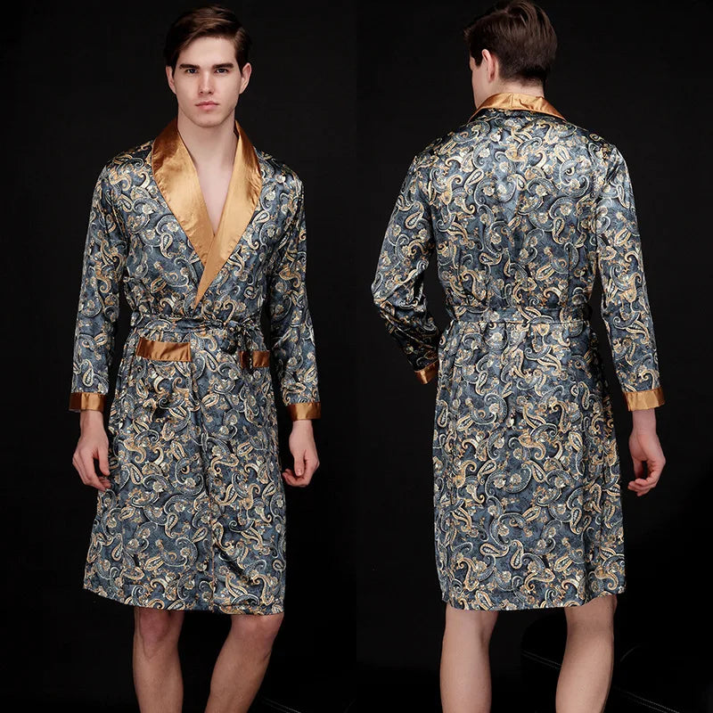 Traditional Japanese KIMONO Fashion YUKATA Oriental Gold Dragons Pattern Bathrobe Summer Men Ice Silk Robes Pajamas  Sleepwear