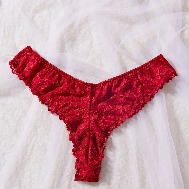 Sexy Lace Lingerie Set for Women, Red Sleepwear Nightdress with Matching Panties, V-Neck Sheer Lace Camisole, Romantic Night