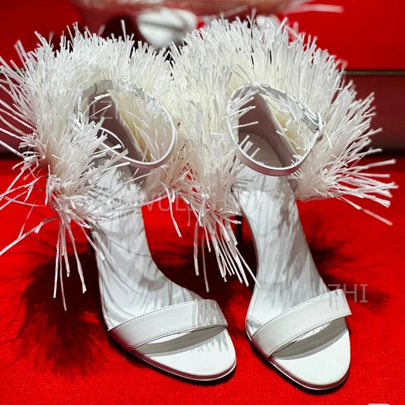White Tassel Feather Long Straps Heels Girls Cute Open Buckle Sandal Summer Black Tassel-Tie Ankle Strap Slingback Red Sexy Shoe