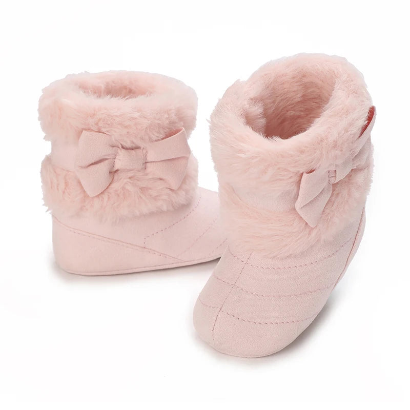 Winter Rubber Sole Baby Girls Boots Cute Bow Warm Plush Pom Snow Shoes Warm Baby Walking Shoes for Toddler Infant First Walkers
