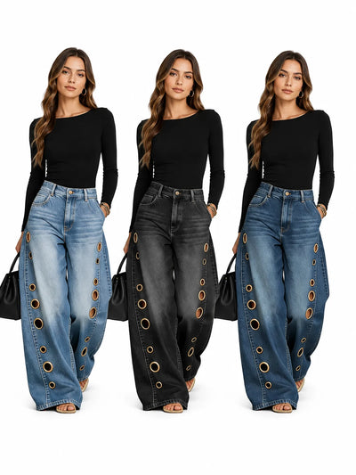 Women High Waist Wide Leg Jeans, Side Cutout Eyelet Rivet | SAMAG