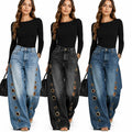 Women High Waist Wide Leg Jeans, Side Cutout Eyelet Rivet Denim Pants Loose Fit Hollow Out Flared Trousers Streetwear Fashion Baggy Jeans with Pockets