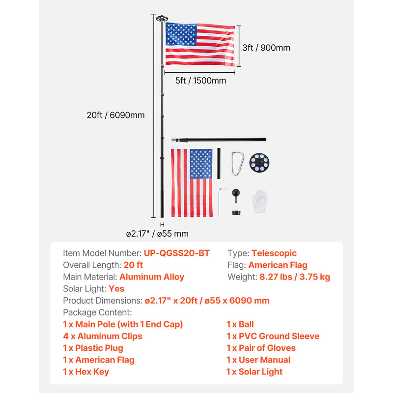 VEVOR 16/20/25/30ft Flag Pole for Outside House In Ground Thick Aluminum Flagpole Kit with 3x5American Flag for Yard Residential