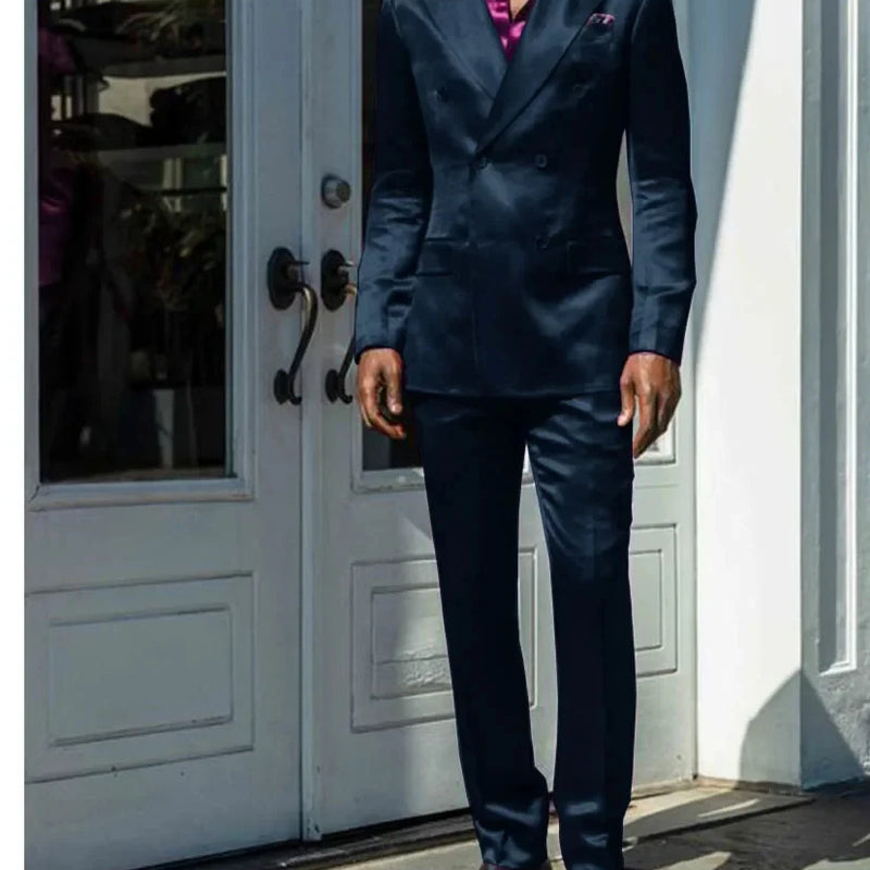Fashionable Men Suits Satin 2 Piece Jacket Pants Sets High Quality Prom Party Blazer Double Breasted Peak Lapel Male Clothing