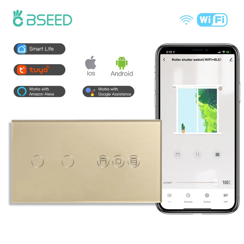 BSEED Wifi Light Switch 1/2/3Gang 1/2/3Way With Smart Roller Shutter Switch Touch Blind Switch Tuya Smart Life Wireless Control
