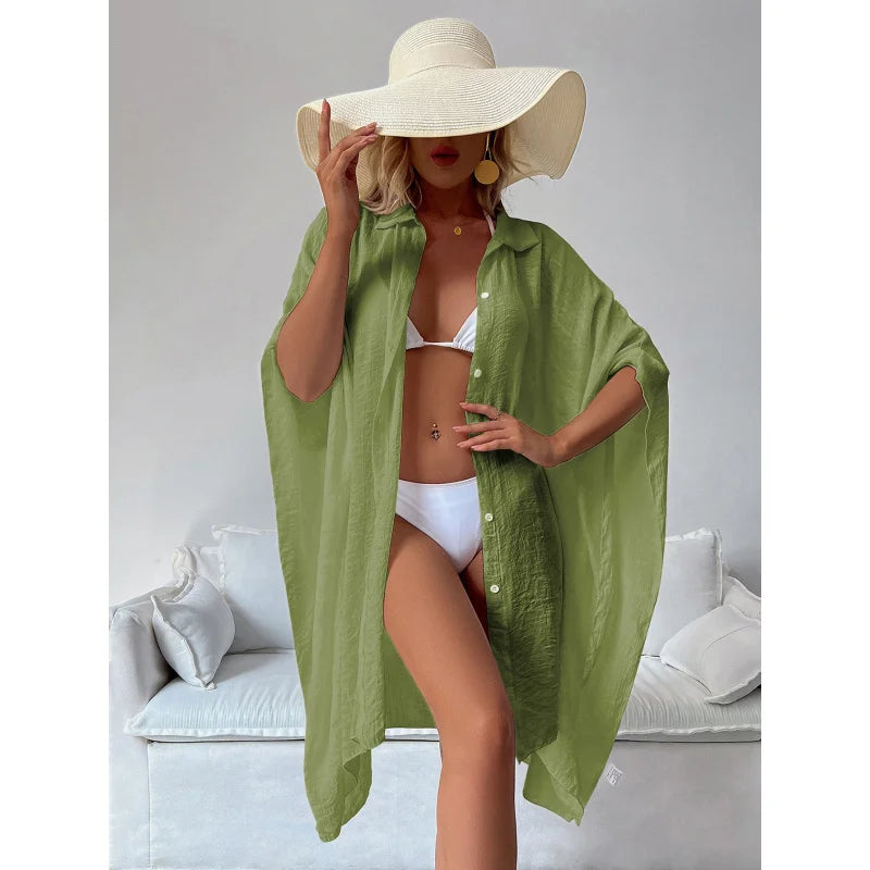 Women Lightweight Bamboo Cotton Beach Cover Up Shirt Style Loose Oversized Sun Protection Kaftan for Vacation Swimwear Outerwear