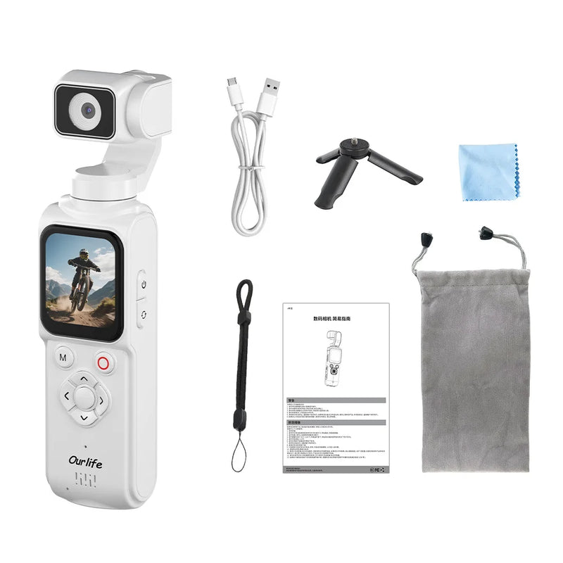 Ourlife 4K Action Camera 330° Face Tracking Gimbal Stabilizer 1.72 Inch Touch Screen 64MP Pocket Digital Camera WiFi Sports Cam