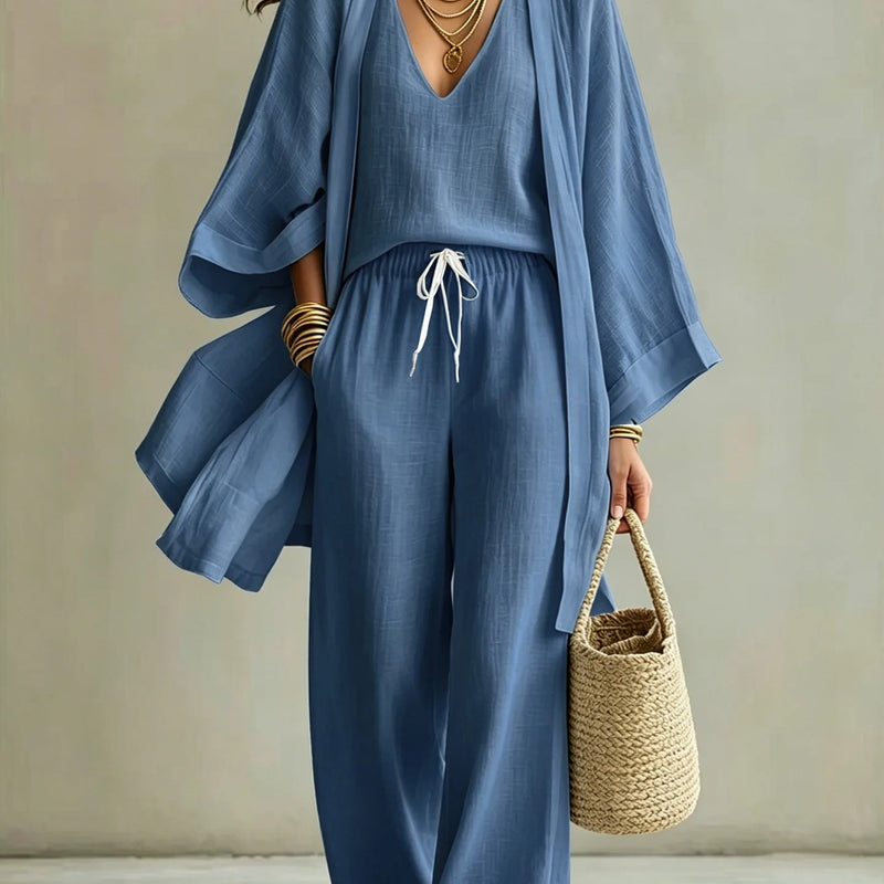 Women Fashion 3-Piece Set Open Front Cardigan Wide Sleeves Matching V-Neck Vest Drawstring Waist Wide Leg Pants Casual Outfit