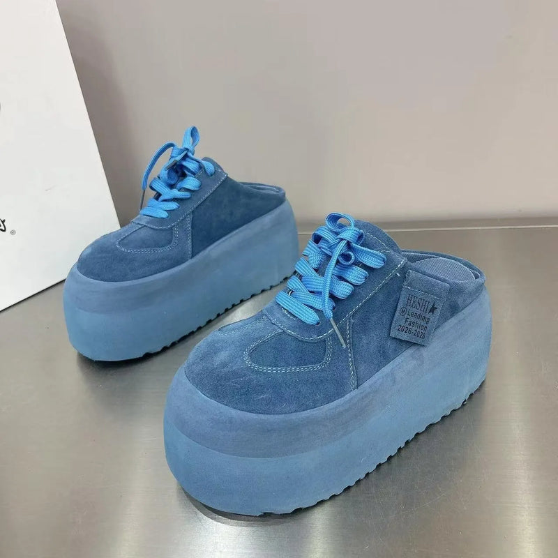 Women Suede Platform Slip On Shoes Round Toe Lace Up Thick EVA Sole Casual Shoes Non Slip Walking Footwear For Ladies Season