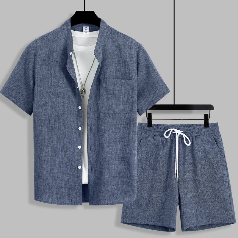 Summer Men's Cotton Linen Texture Stand Collar Short | SAMAG